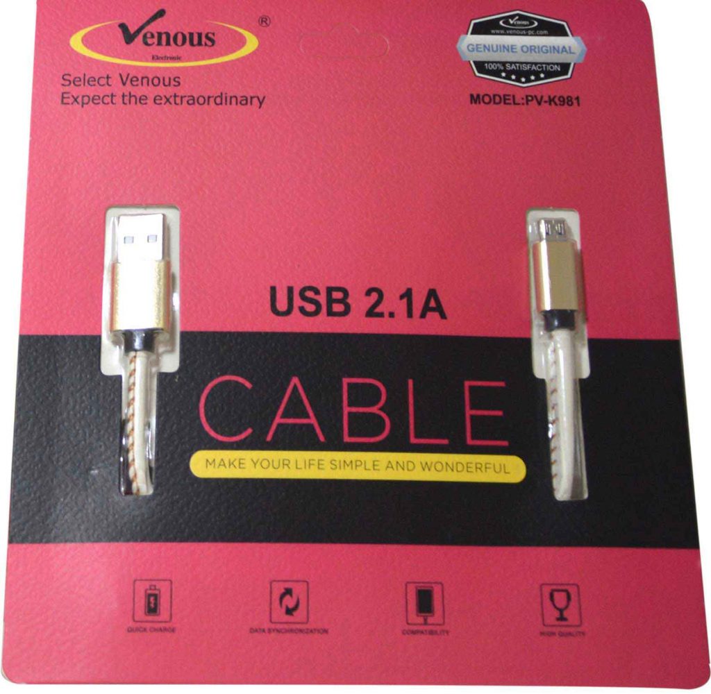 کابل شارژ USB2.1A ونوس طرح چرم مدلPV-C981